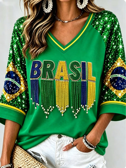 Women's Mid-length Sleeves V-Neck T-Shirt