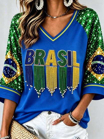 Women's Mid-length Sleeves V-Neck T-Shirt