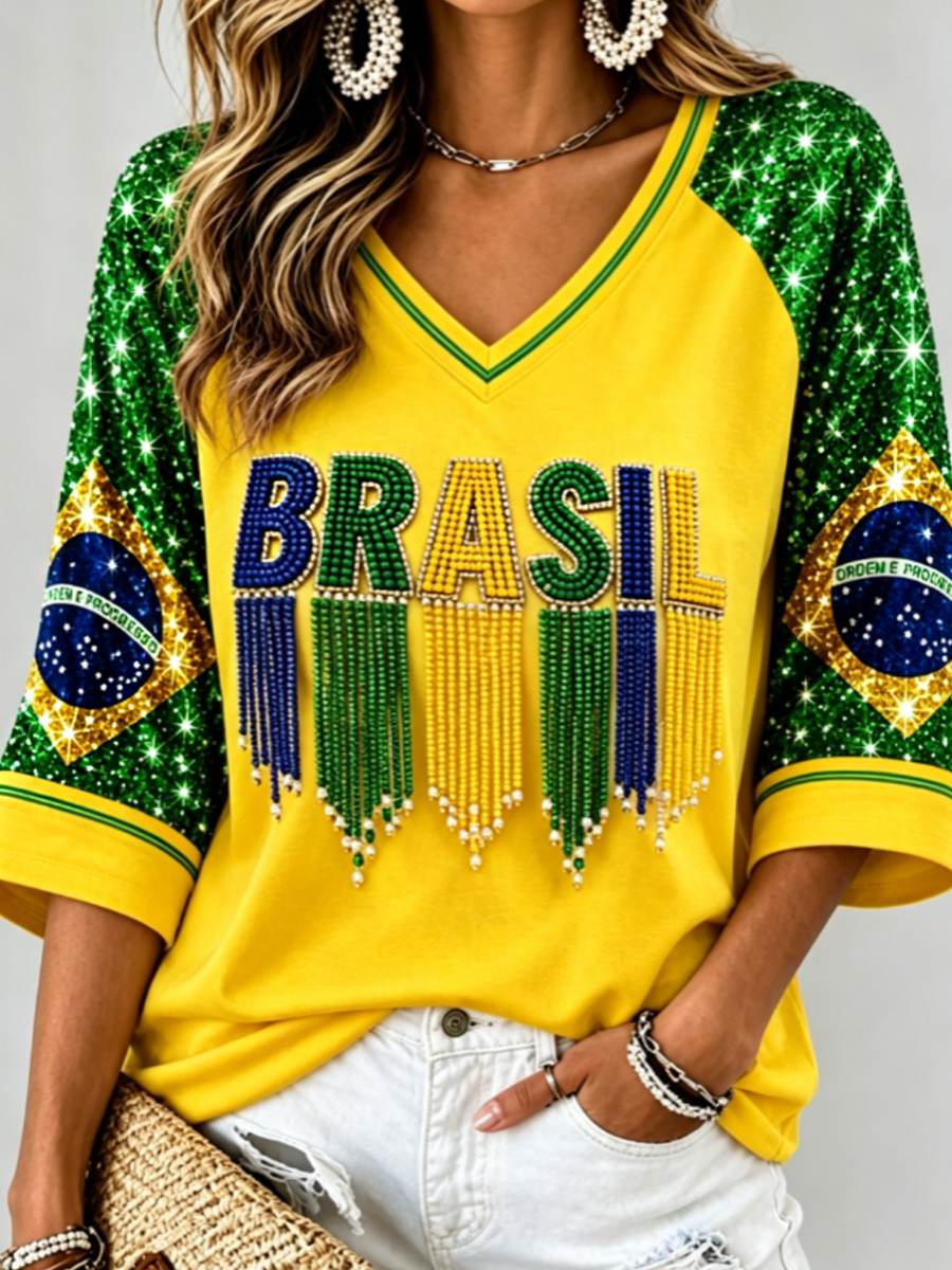 Women's Mid-length Sleeves V-Neck T-Shirt