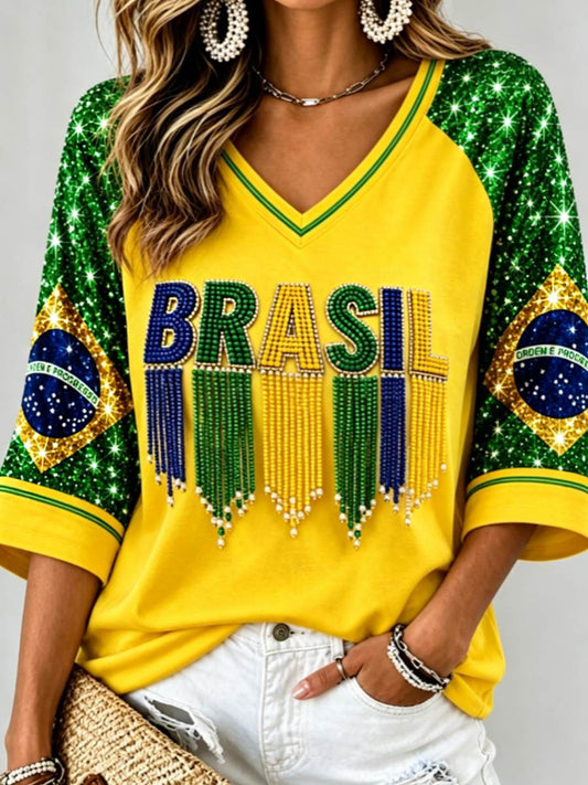 Women's Mid-length Sleeves V-Neck T-Shirt