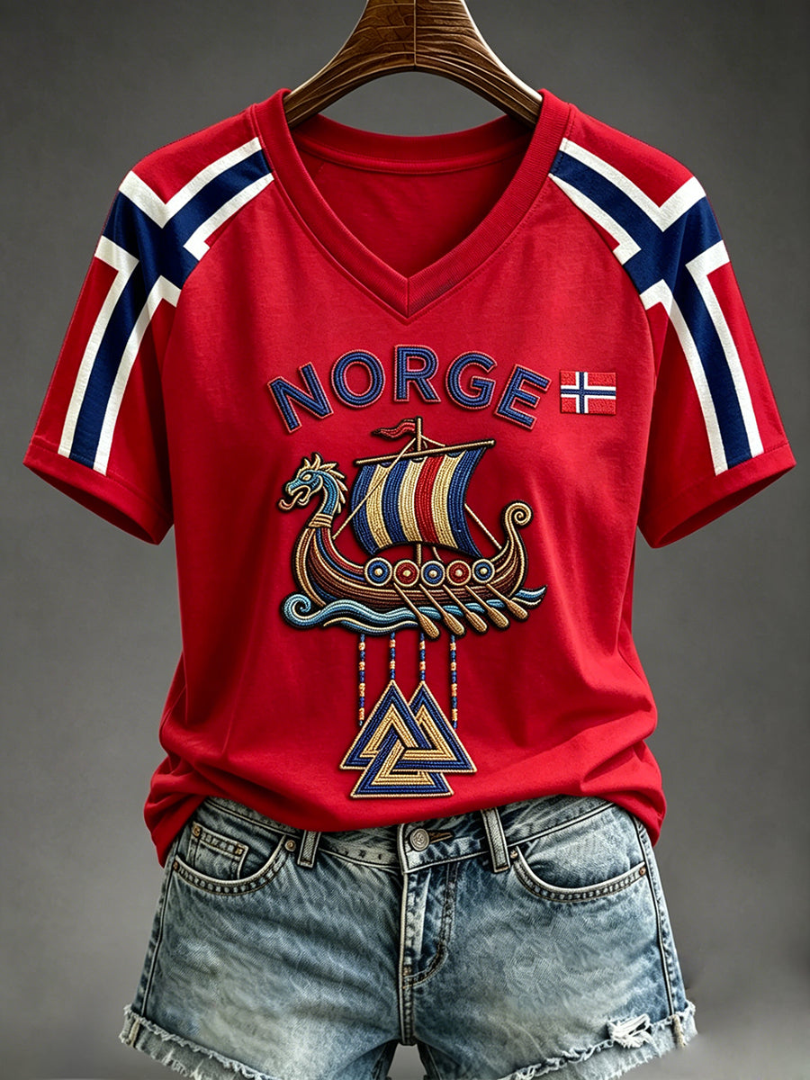 Women's Viking Longship Art Norwegian Flag Print V-neck Short-sleeved T-shirt
