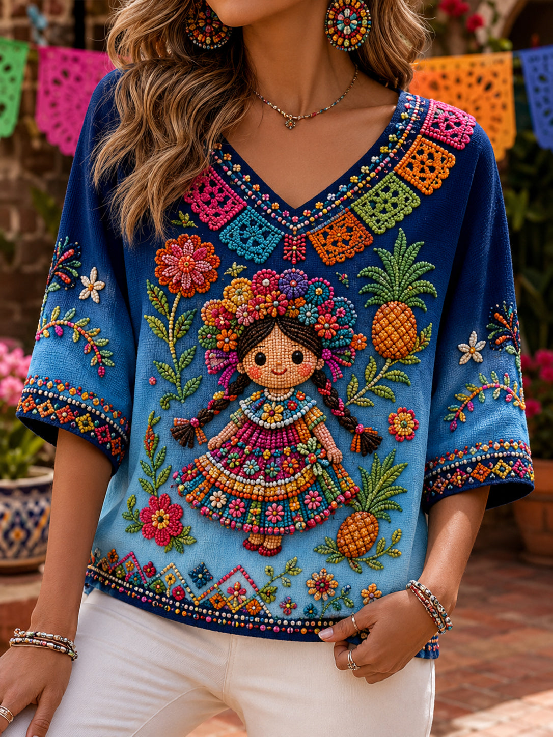 Women's Mexican Galacacha Festival Commemorative Art Print V-Neck Top