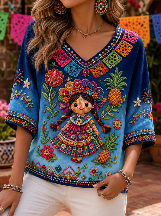 Women's Mexican Galacacha Festival Commemorative Art Print V-Neck Top