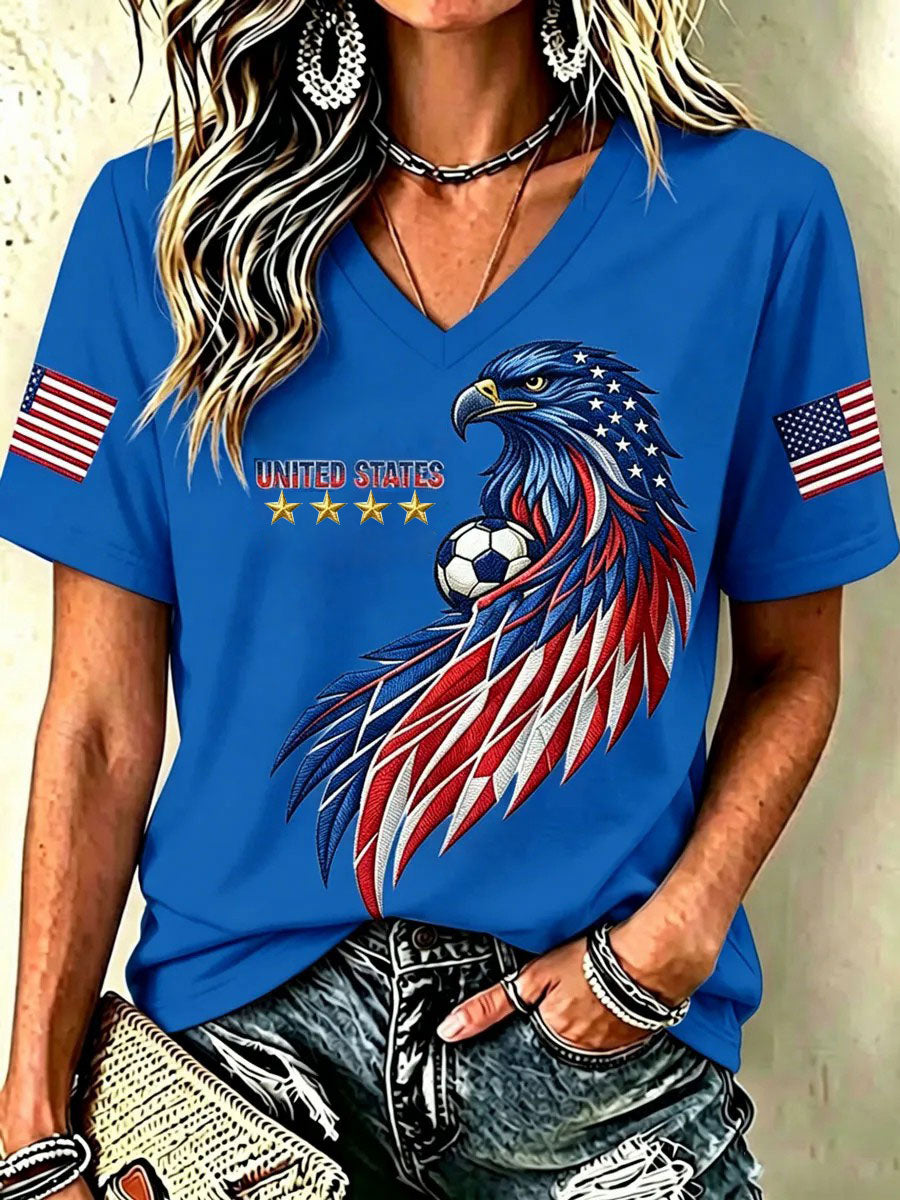 Women's USA Football Printed V-neck T-shirt