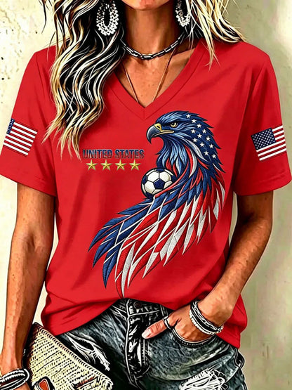 Women's USA Football Printed V-neck T-shirt
