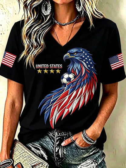 Women's USA Football Printed V-neck T-shirt