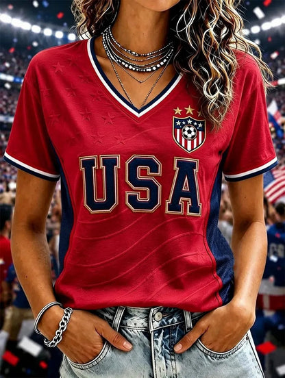 Women's USA Football Printed V-neck T-shirt