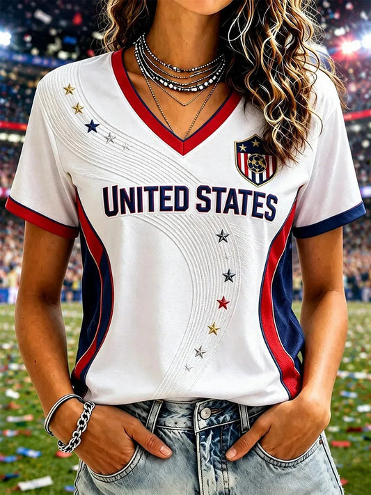 Women's USA Football Printed V-neck T-shirt