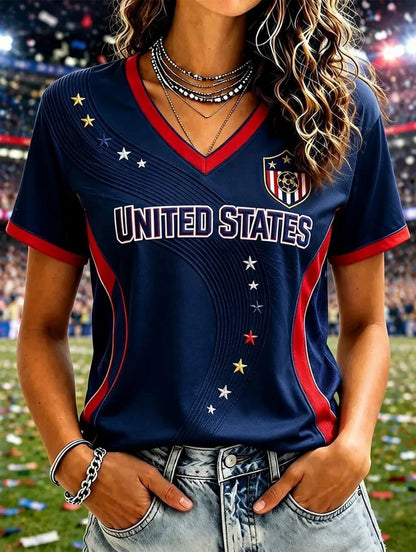 Women's USA Football Printed V-neck T-shirt