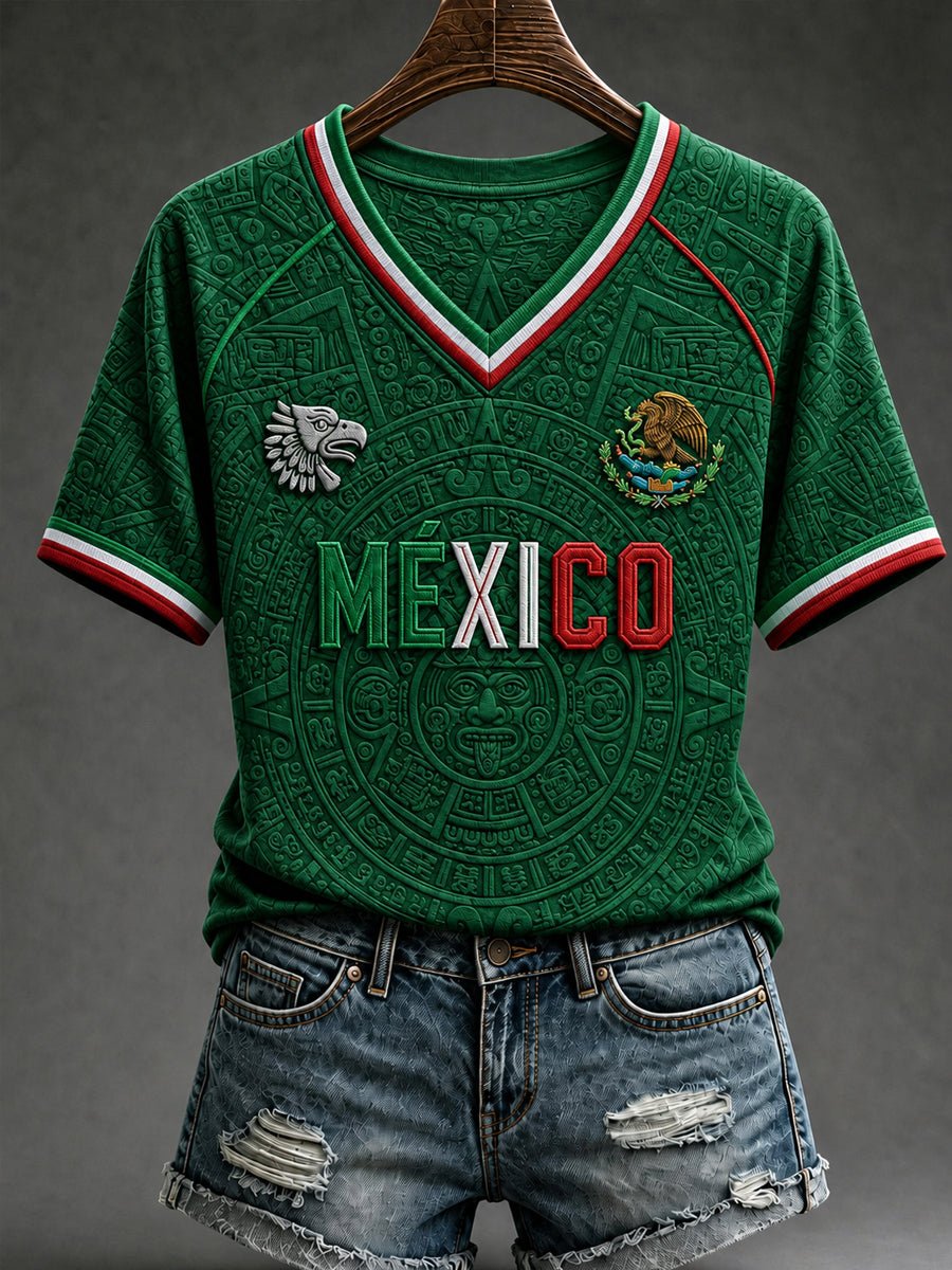 Women's Mexico Football Lover Art V-neck Off-shoulder Short Sleeve T-shirt