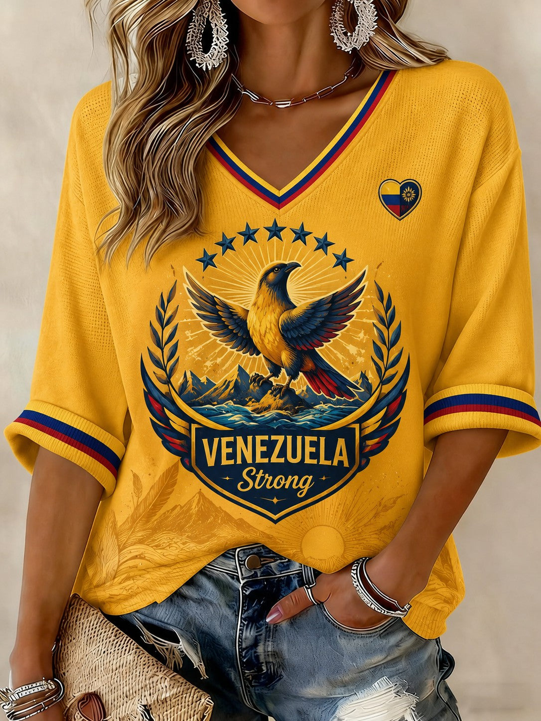 Women's Troupial Venezuela Strong Printed Mid-length Sleeves V-neck T-shirt