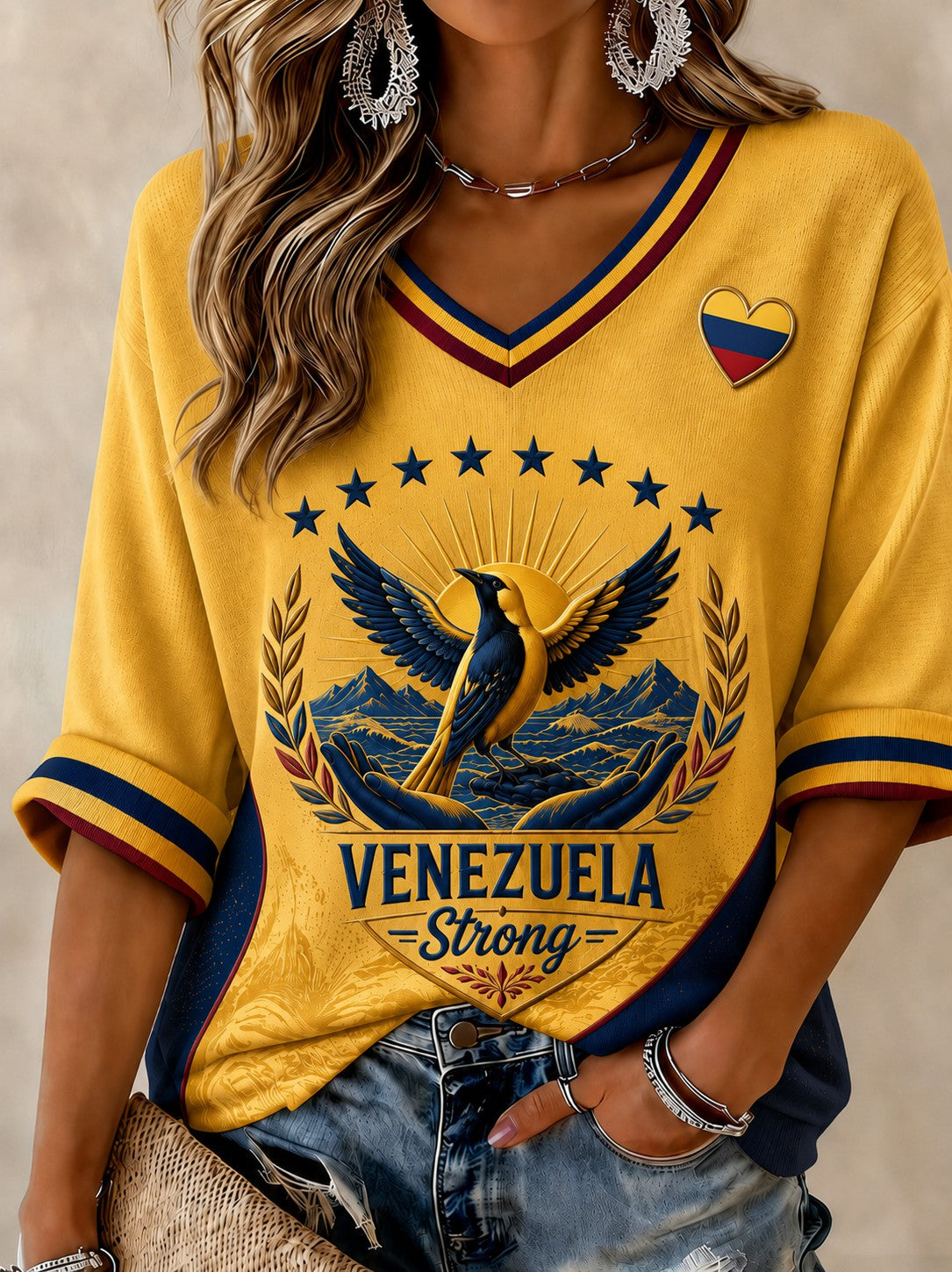 Women's Troupial Venezuela Strong Printed Mid-length Sleeves V-neck T-shirt