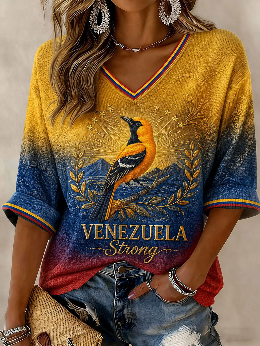 Women's Troupial Venezuela Strong Printed Mid-length Sleeves V-neck T-shirt