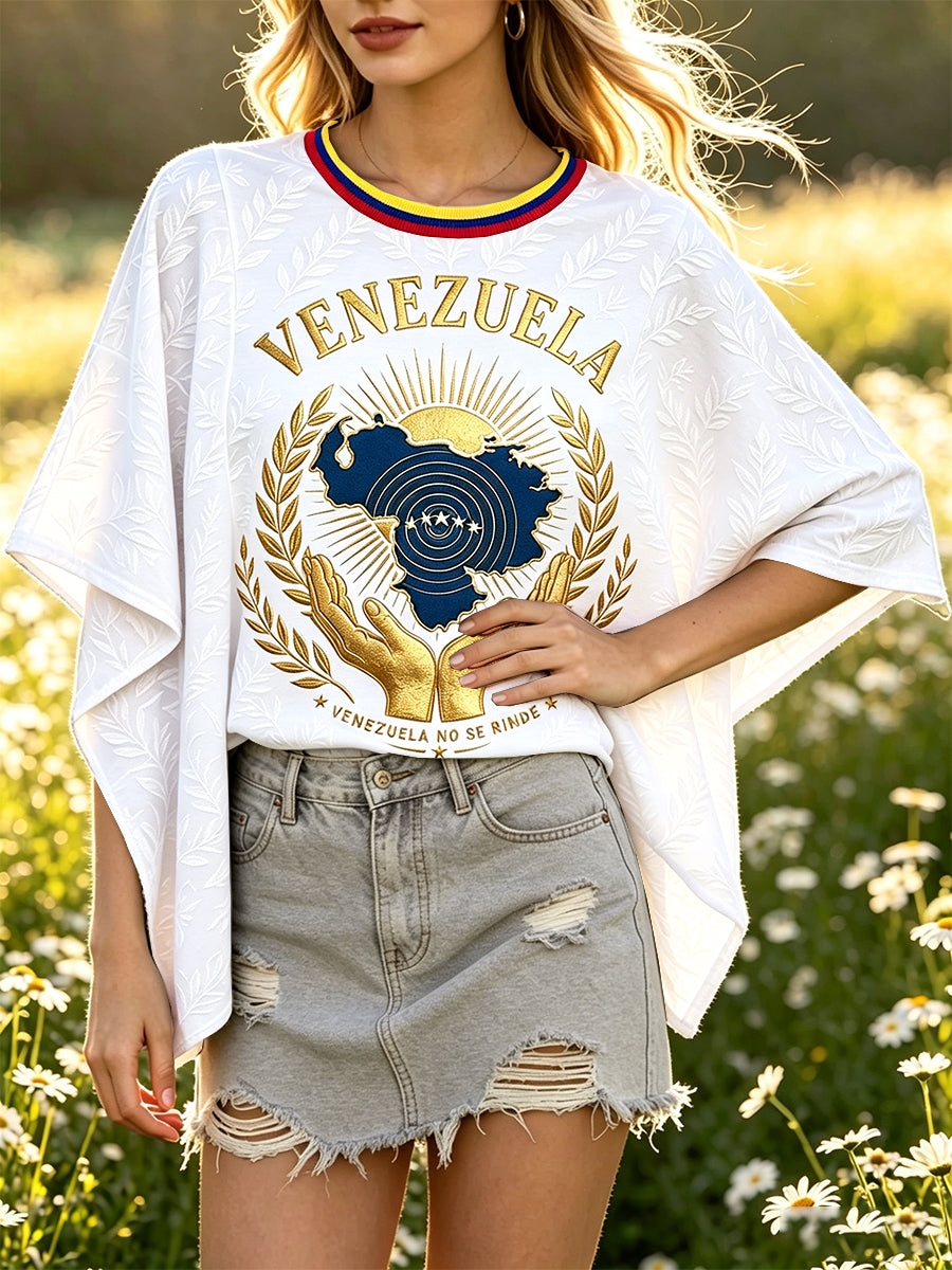Women’s White Guardian Venezuela Print Casual Batwing-Sleeve Loose-Fit T-shirt