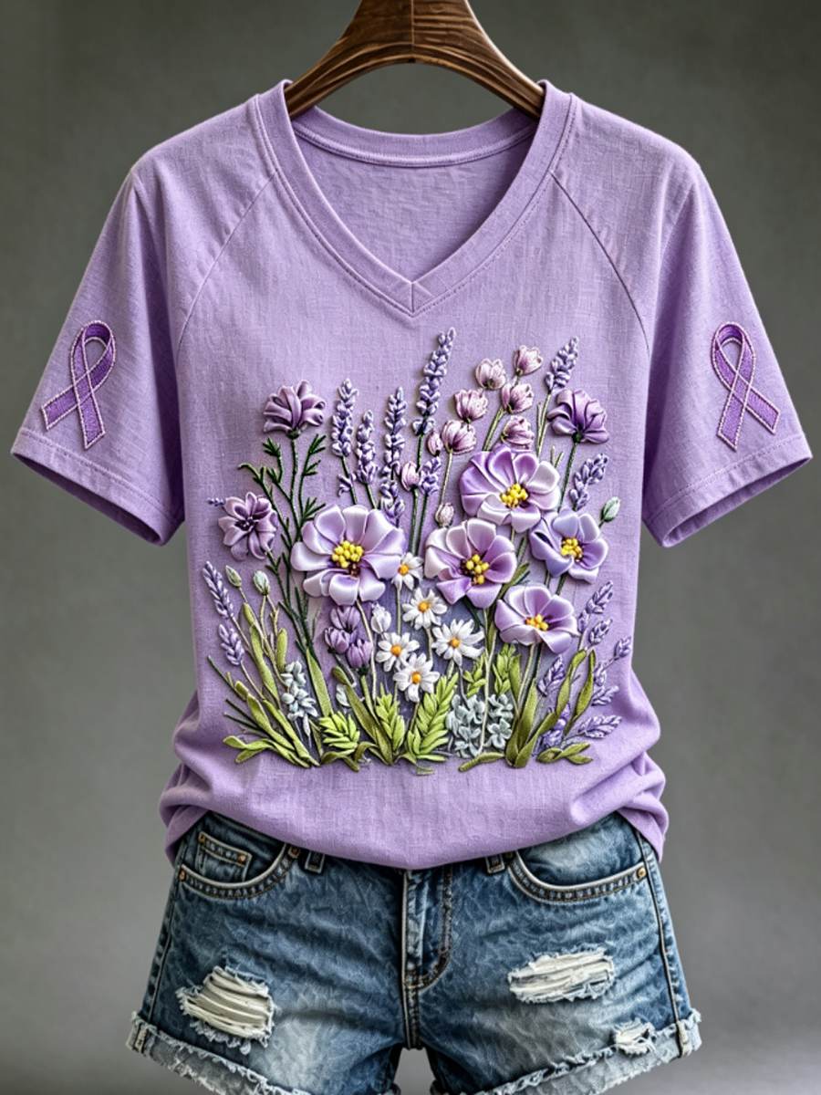 Women's Purple Floral & Hummingbird Print Alzheimer's Awareness Support V-Neck Tee