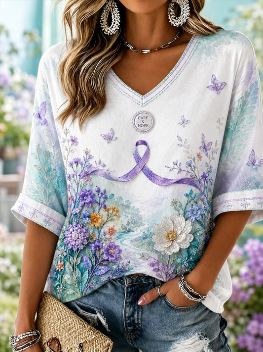 Women's Alzheimer's Disease Awareness  Pattern Linen V-Neck Shirt