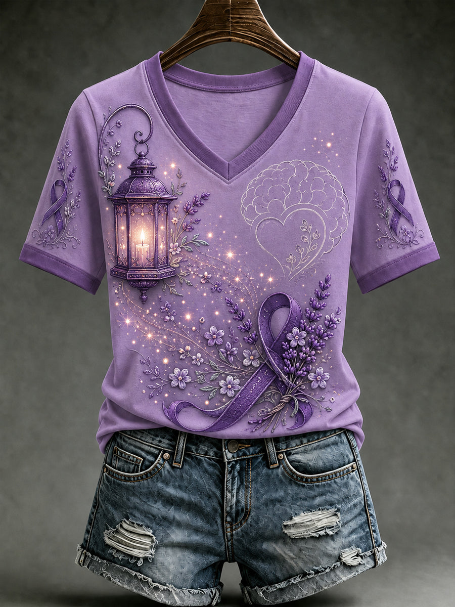 Women's Alzheimer's Awareness Dementia Support Purple Ribbon Purple Floral & Hummingbird  Art  Tee