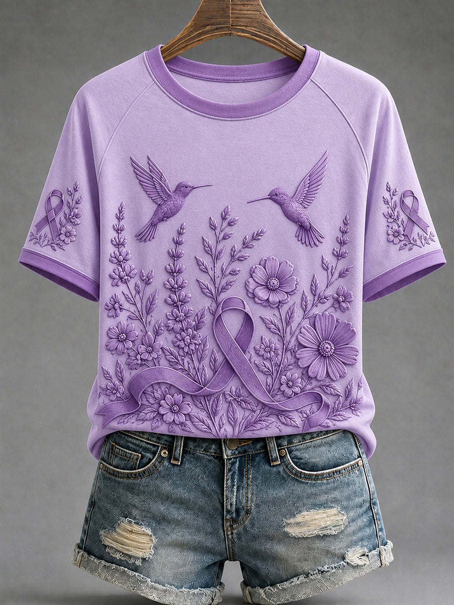 Women's Alzheimer's Awareness Dementia Support Purple Ribbon Purple Floral & Hummingbird  Art  Tee