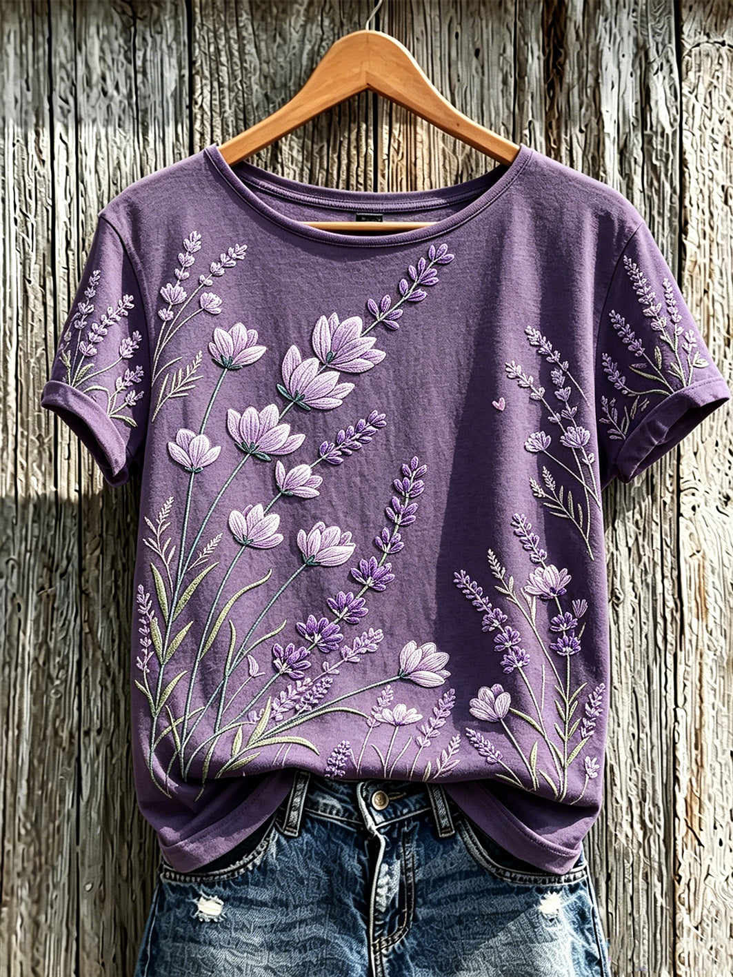 Women's Purple Plant Flower Pattern Printed Casual Short-Sleeved T-shirt