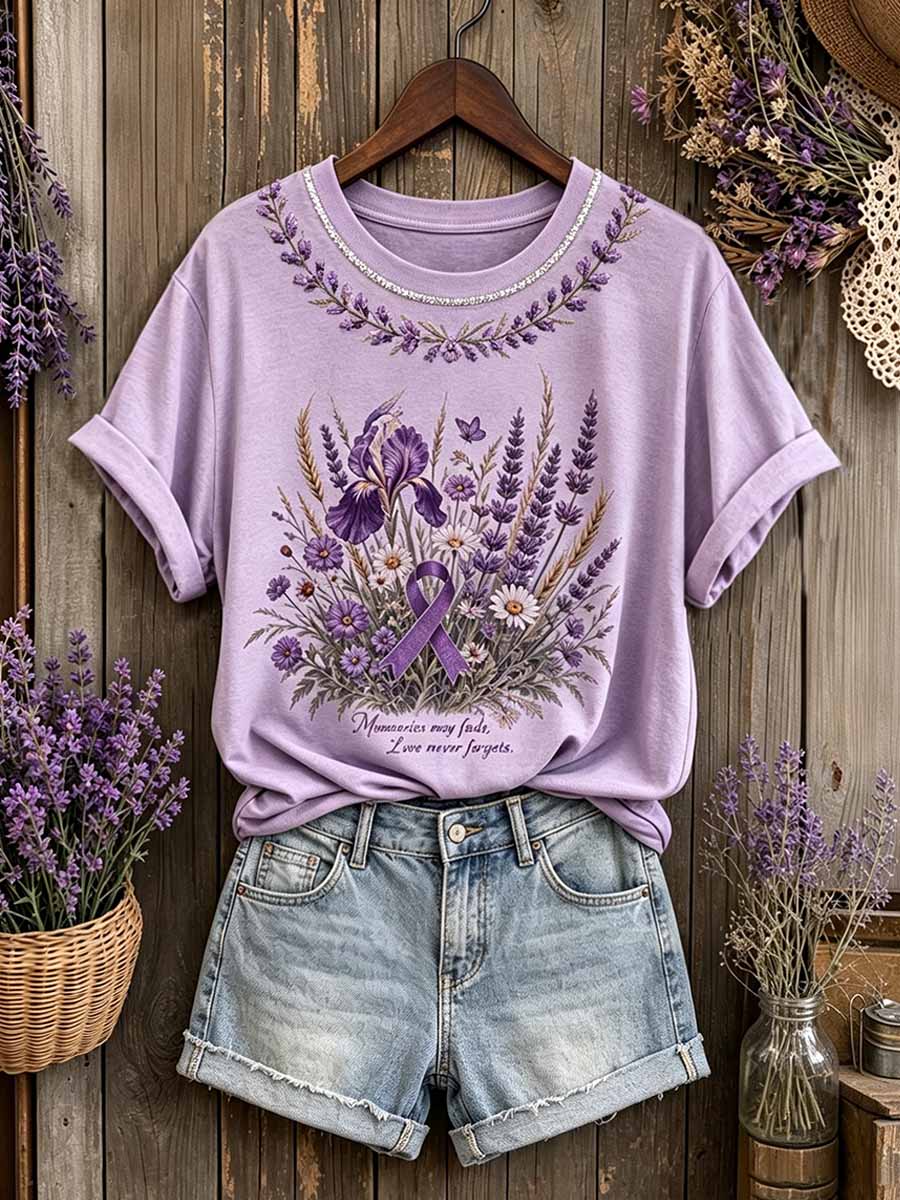 Women's Fashion Purple Floral Pattern Printed T-Shirt