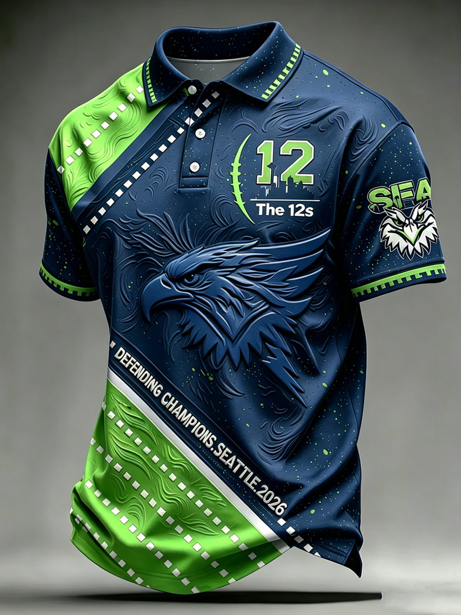 Men's Rugby Seattle Print Polo Collar Casual Short Sleeved Shirt