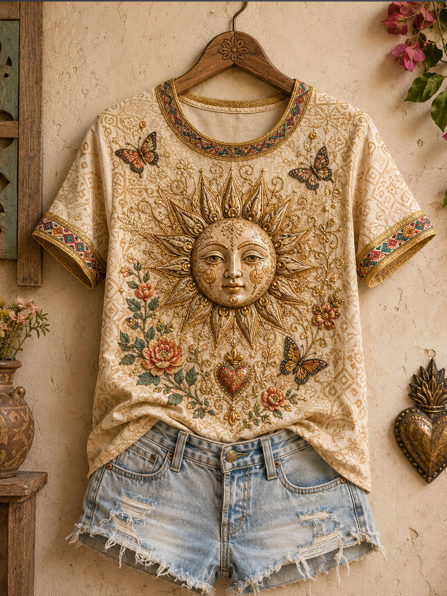 Women's Mexico Guelaguetza Clay Sun Faces Art Printed T-shirt