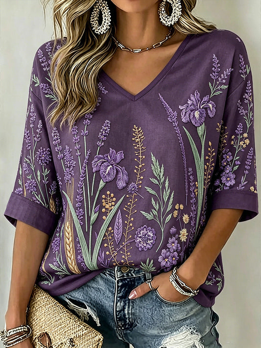 Women's Purple Plant Pattern Printed Mid-length Sleeves V-Neck T-Shirt