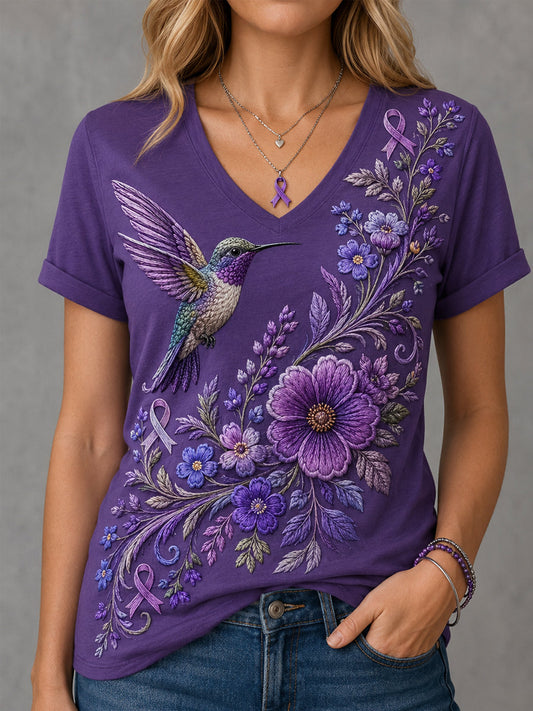 Women's Purple Floral & Hummingbird Print Alzheimer's Awareness Support V-Neck Tee