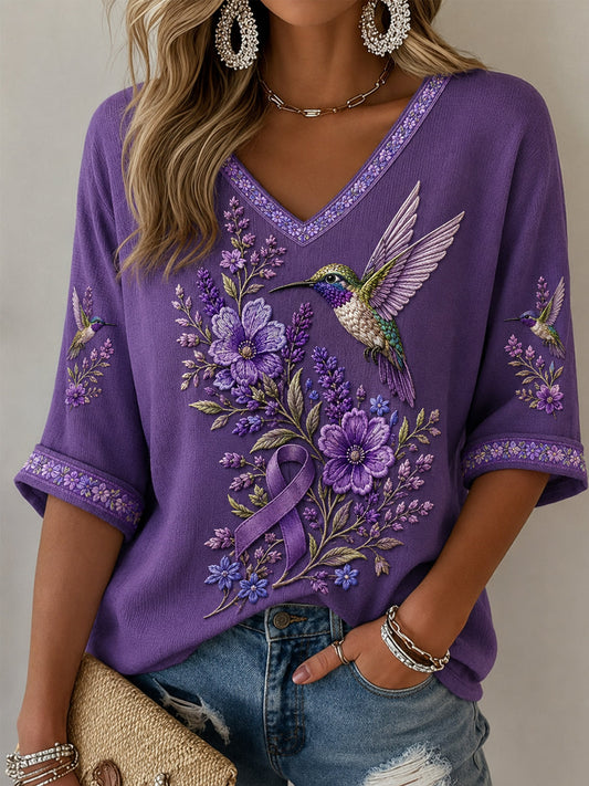 Women's Purple Floral & Hummingbird Print Alzheimer's Awareness Support Half-Sleeves V-Neck T-Shirt