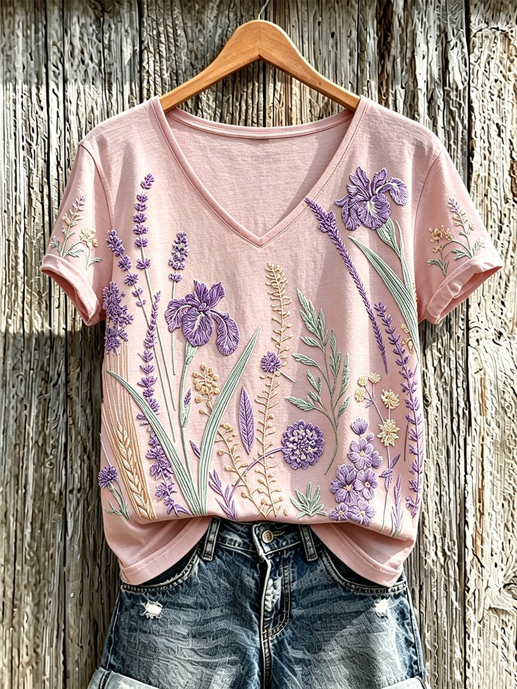 Women's purple plant flower pattern printed casual T-shirt