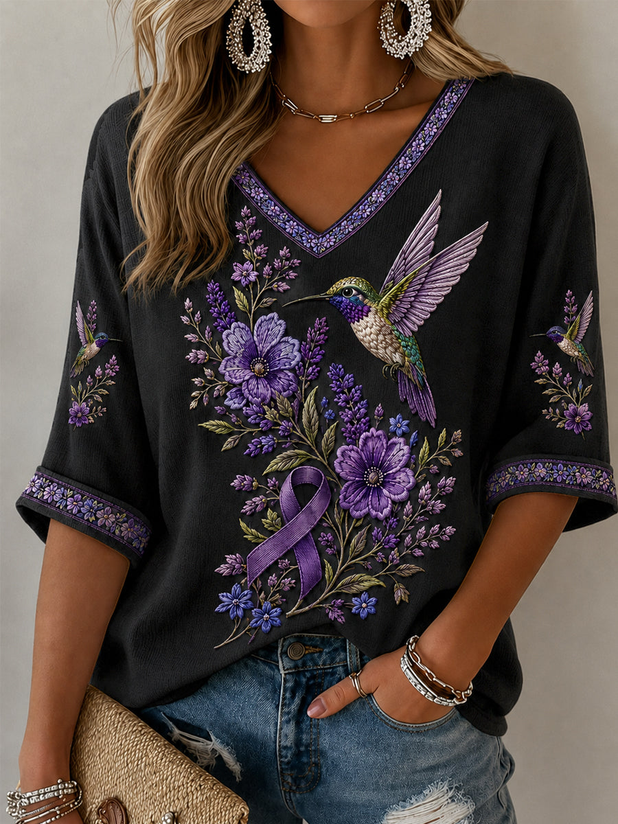 Women's Purple Floral & Hummingbird Print Alzheimer's Awareness Support Half-Sleeves V-Neck T-Shirt