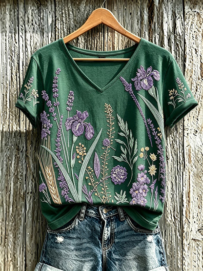Women's purple plant flower pattern printed casual T-shirt