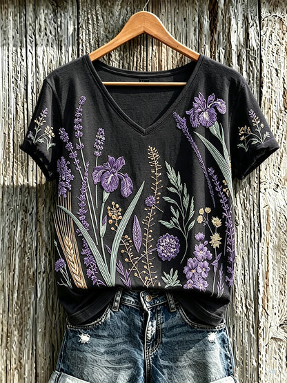 Women's purple plant flower pattern printed casual T-shirt