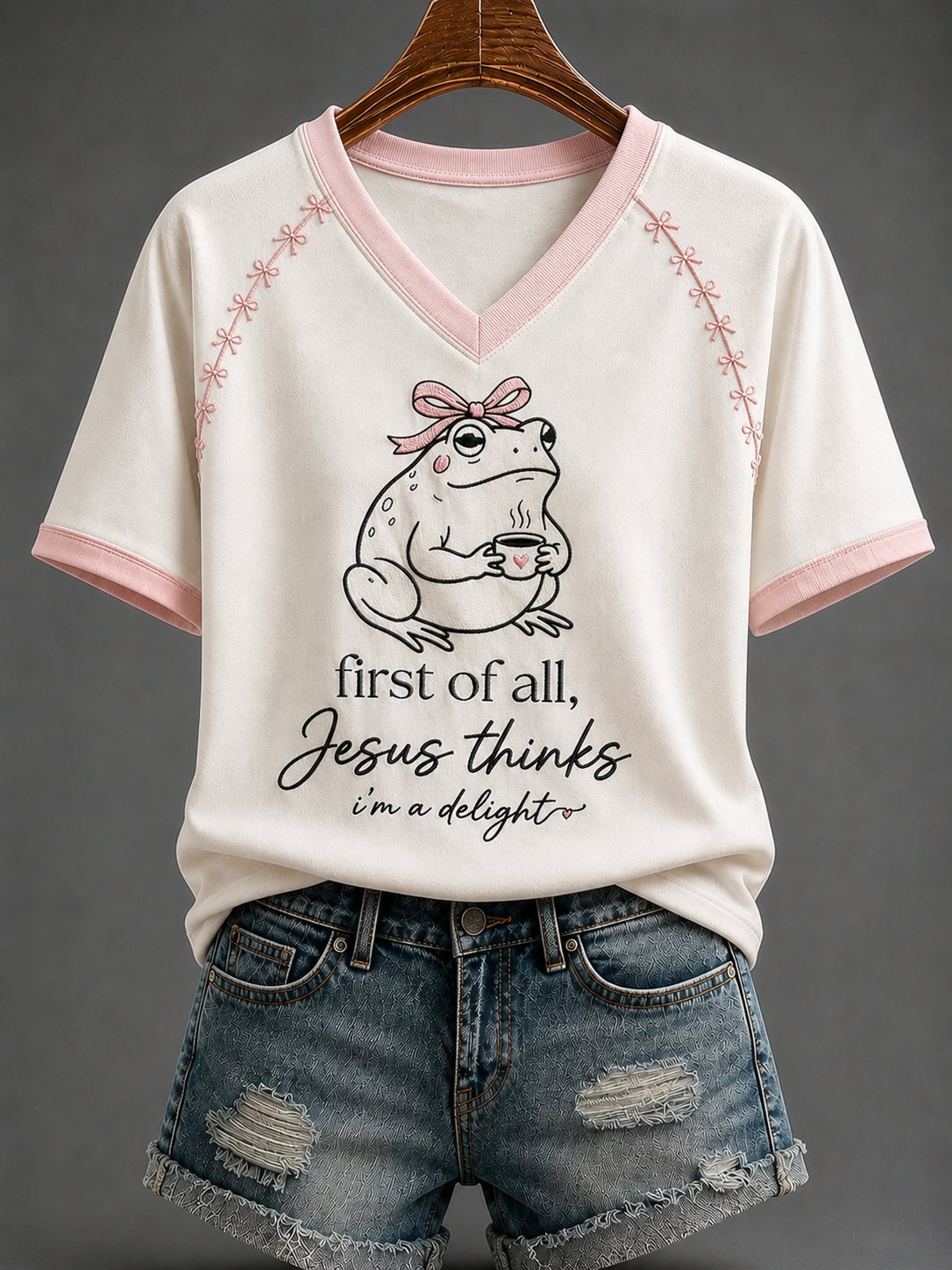Women's First Of All, Jesus Thinks I'm A Delight V-neck Off-shoulder Short-sleeved T-shirt