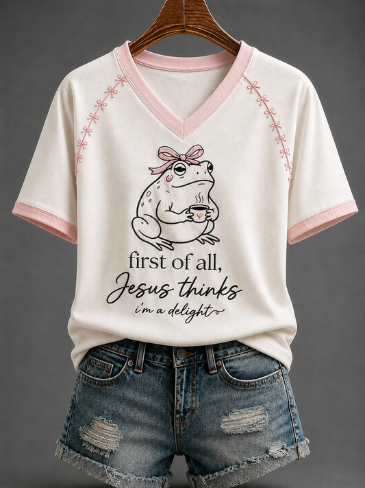 Women's First Of All, Jesus Thinks I'm A Delight V-neck Off-shoulder Short-sleeved T-shirt