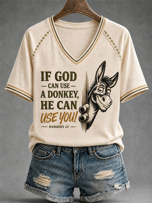 Women's Funny Donkey If God Can Use Donkey He Can Use You Print Casual V-Neck Tee