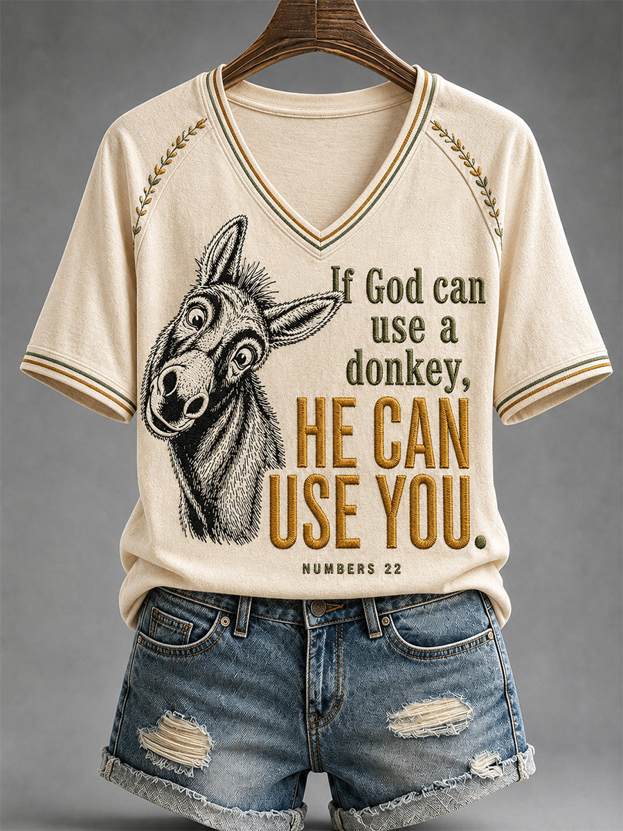 Women's Funny Donkey If God Can Use Donkey He Can Use You Print Casual V-Neck Tee