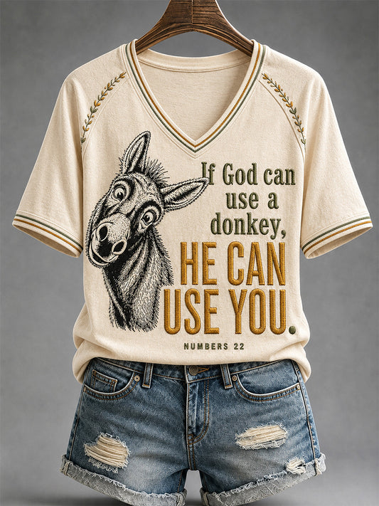 Women's Funny Donkey If God Can Use Donkey He Can Use You Print Casual V-Neck Tee
