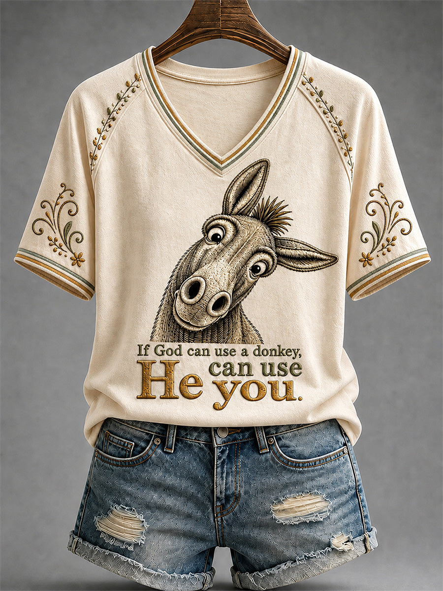 Women's Funny Donkey If God Can Use Donkey He Can Use You Print Casual V-Neck Tee