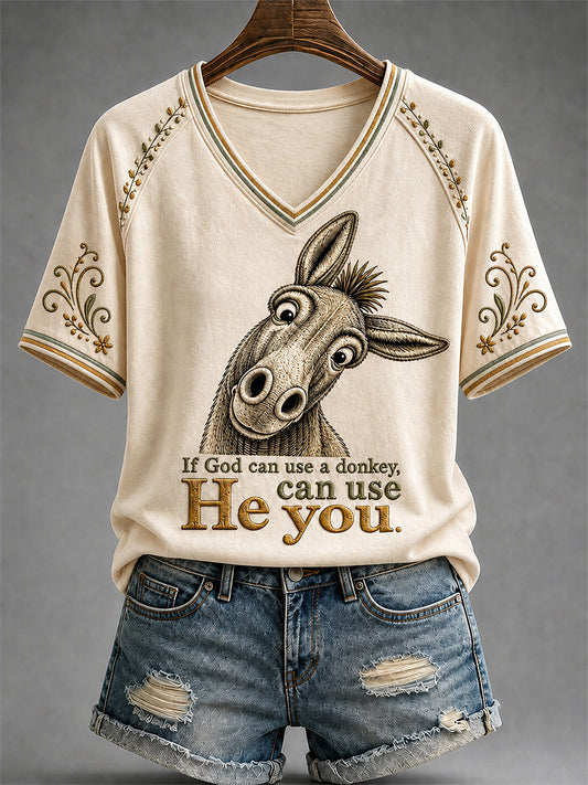 Women's Funny Donkey If God Can Use Donkey He Can Use You Print Casual V-Neck Tee