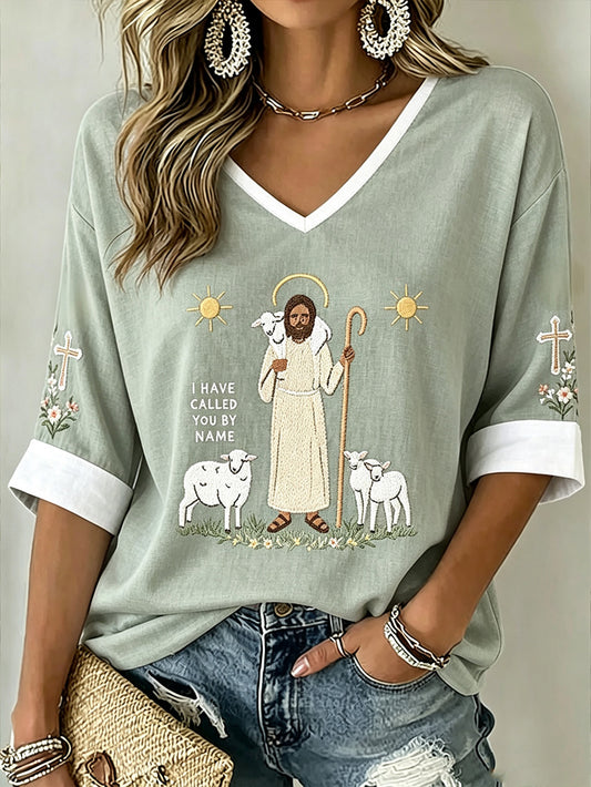 Women's Faith Pattern Printed Leisure Mid-length Sleeves V-Neck T-Shirt