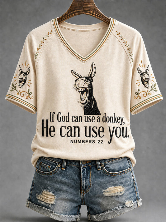 Women's Funny Donkey If God Can Use Donkey He Can Use You Print Casual V-Neck Tee