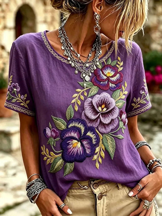 Women's Purple Floral Print Casual T-Shirt