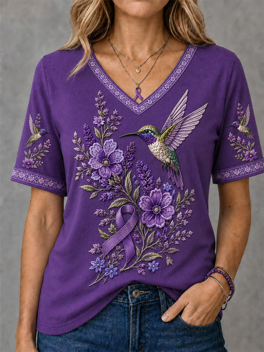 Women's Purple Floral & Hummingbird Print Alzheimer's Awareness Support V-Neck Tee