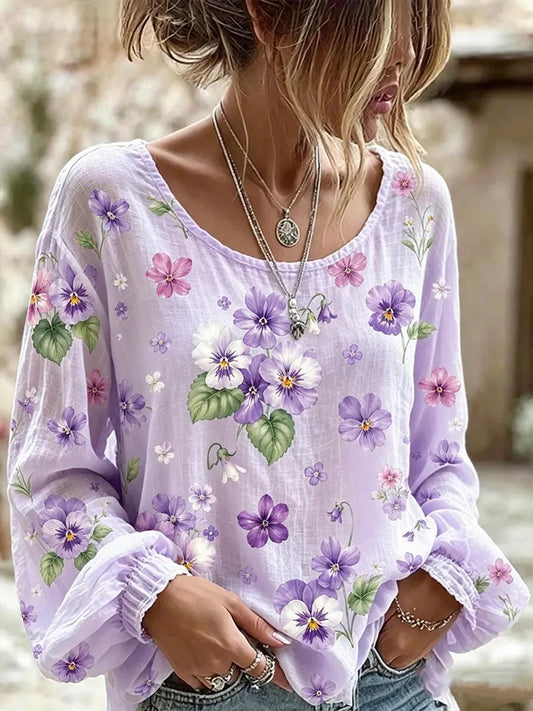 Women's Alzheimer's Awareness Support Purple Floral Art  Cotton-Linen Shirt