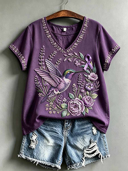 Women's Fashion Purple Floral Alzheimer's Awareness Print T-Shirt