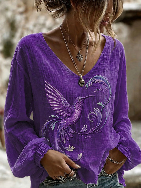 Women's Purple Flora Art Print Cotton-Linen Shirt