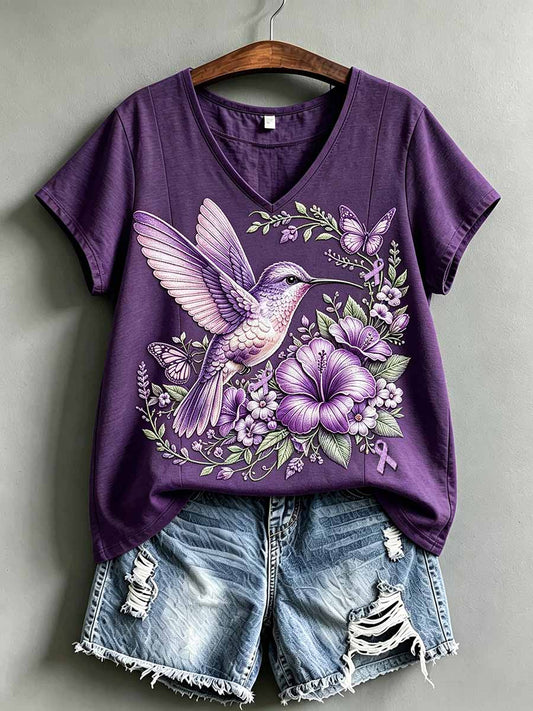 Women's Fashion Purple Floral Alzheimer's Awareness Print T-Shirt