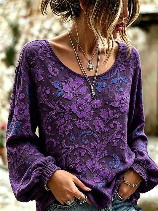 Women's Alzheimer's Awareness Support Purple Floral Art  Cotton-Linen Shirt