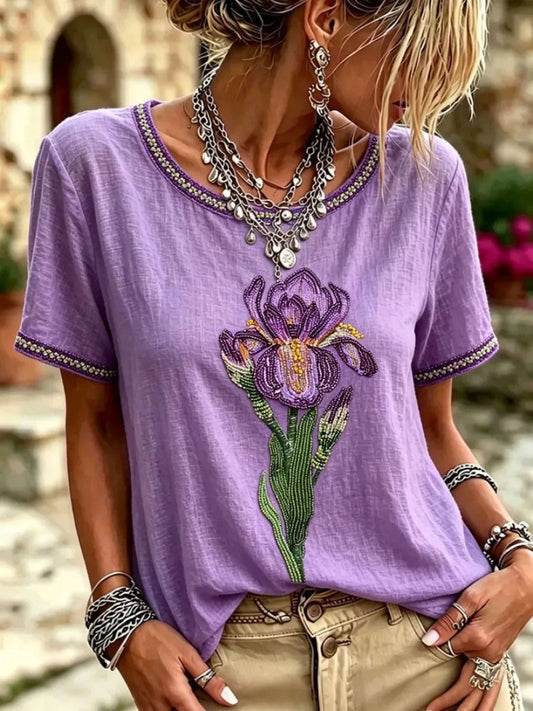Women's Purple Floral Print Casual T-Shirt